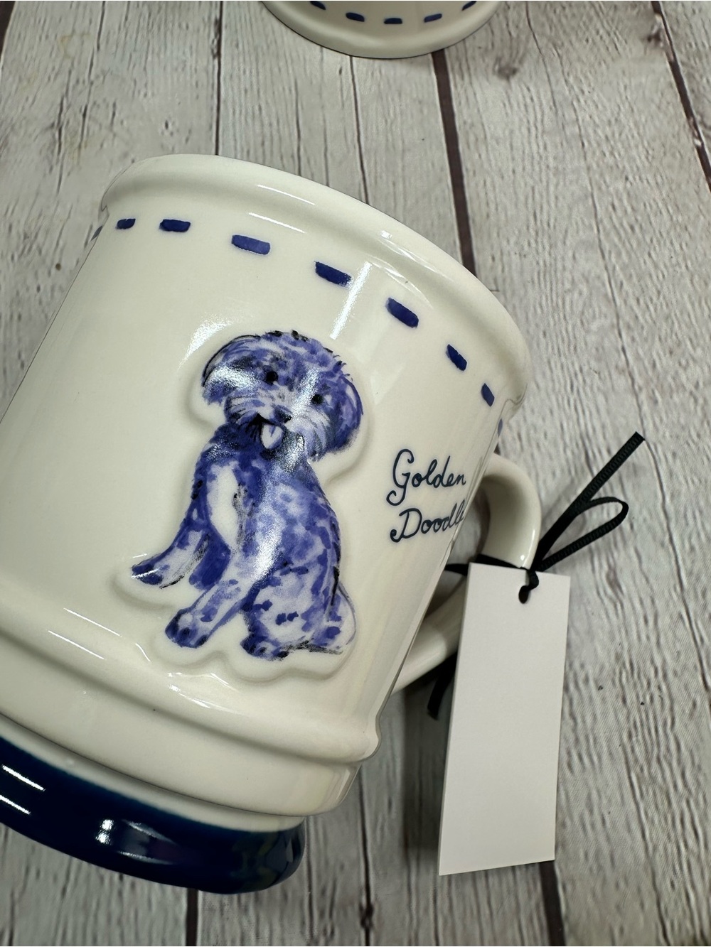 NWT dwell studio golden doodle Mug 2pc Blue White traditional cottage minimalist